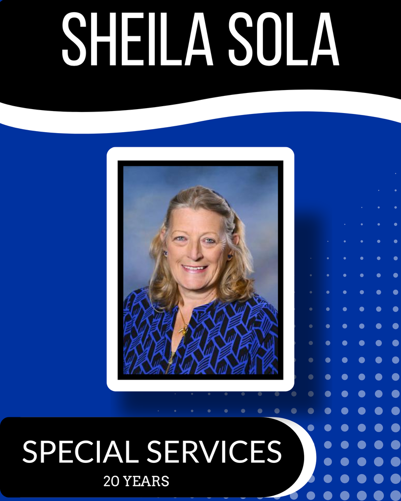 A woman with blonde hair smiles in a blue patterned blouse. The text "SHEILA SOLA" and "SPECIAL SERVICES 20 YEARS" appear on a blue background.