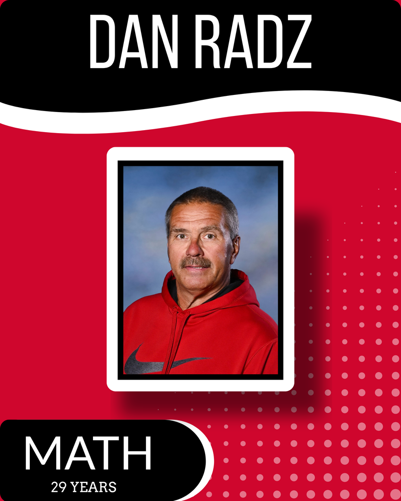 A profile card displays a man with a mustache, wearing a red hoodie. The card reads "DAN RADZ" above and "MATH" below. He has taught for 29 years.