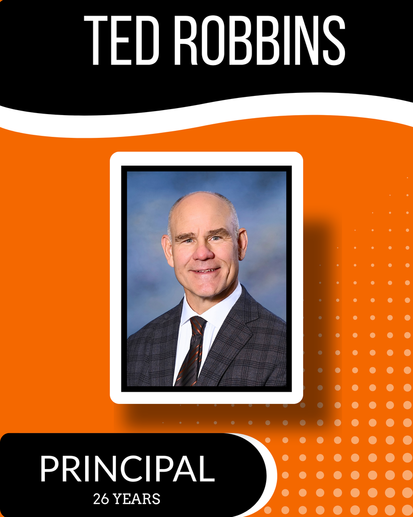A photo of Ted Robbins, principal for 26 years, in a suit and tie with a smile, on an orange background.
