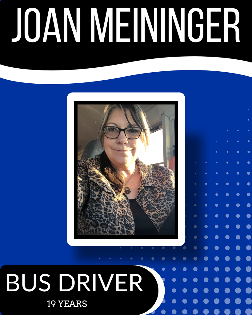 A blue and white badge features a photo of a woman wearing a leopard print jacket and glasses.