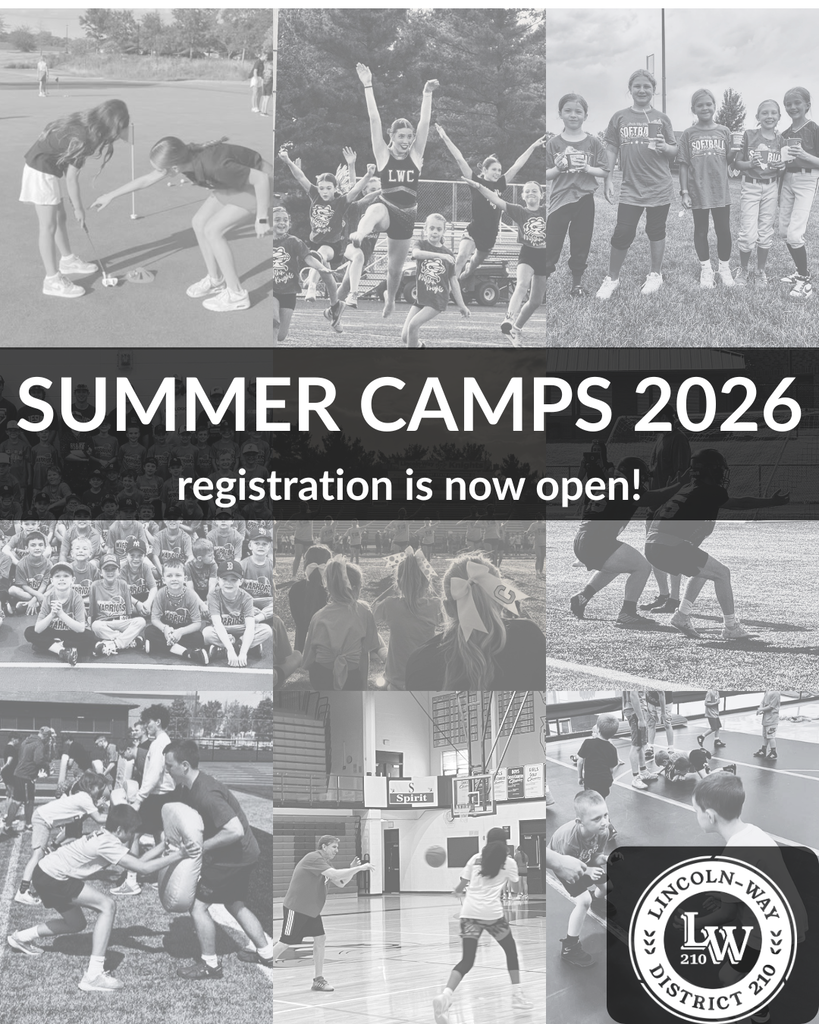 Black-and-white collage of photos showing various activities like playing sports and jumping. Text reads "SUMMER CAMPS 2026 registration is now open!"