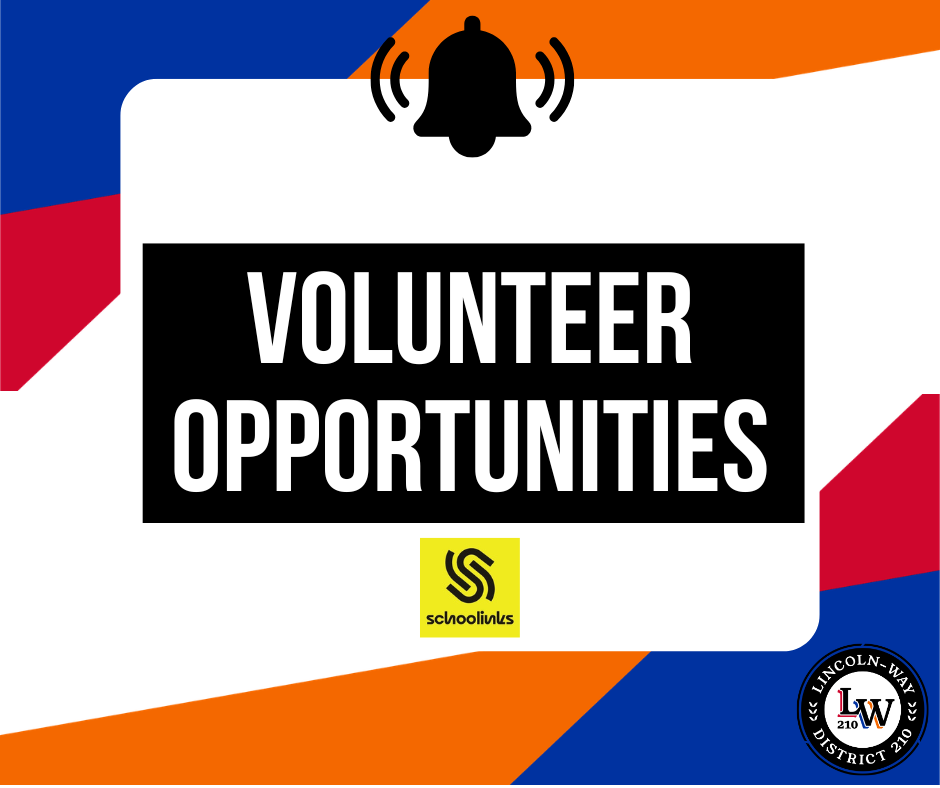 Multi-colored background with white square, bell icon, and text "Volunteer Opportunities" with a yellow logo at the bottom.