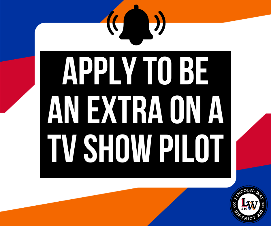 White sign with black text on a multicolored background. Text reads, "APPLY TO BE AN EXTRA ON A TV SHOW PILOT".