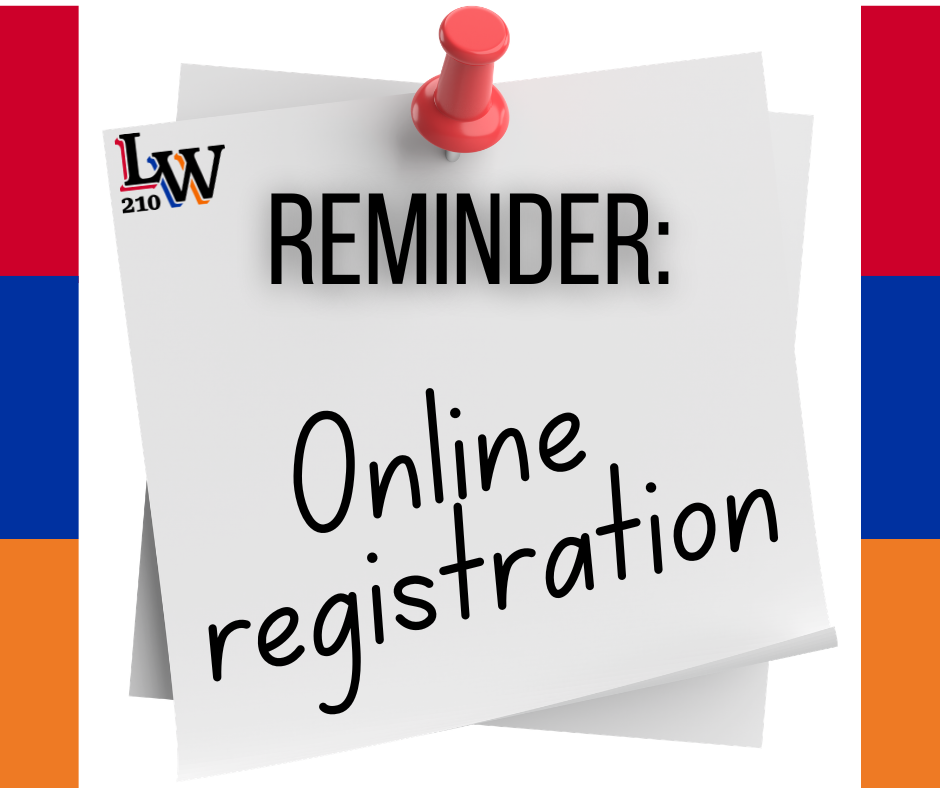 A paper pinned with a red thumbtack displays bold black text reading "REMINDER: Online registration" on a multicolored background.