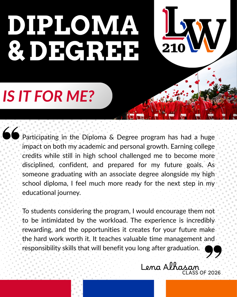 Advertisement for Diploma & Degree Program featuring Lena Alhassan's testimonial. It highlights the benefits of the program.