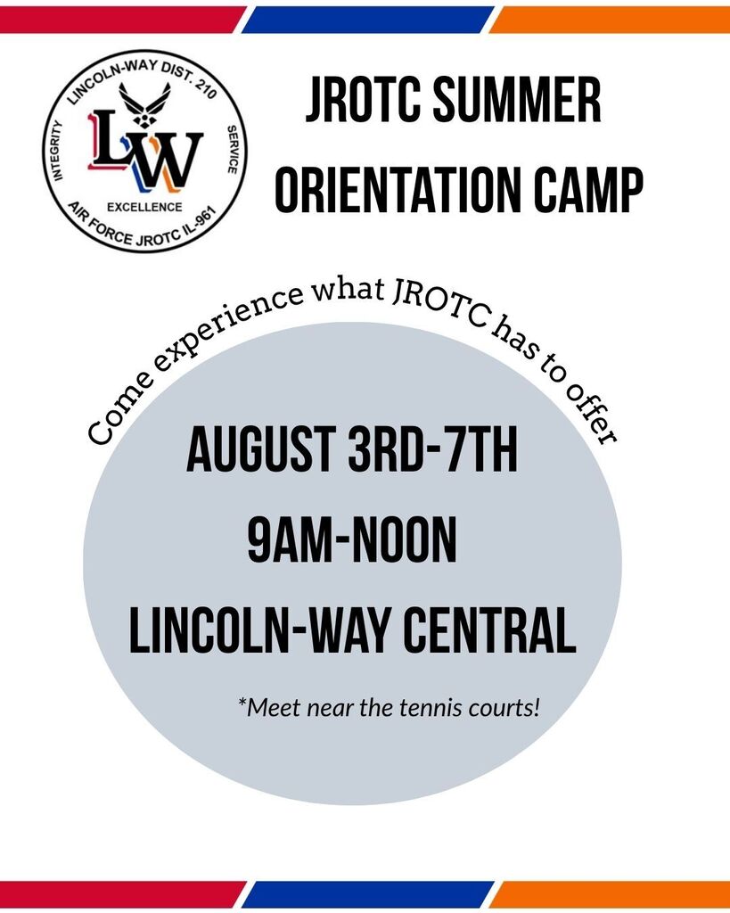 A banner with a red, blue, and orange border displays details about the JROTC Summer Orientation Camp.