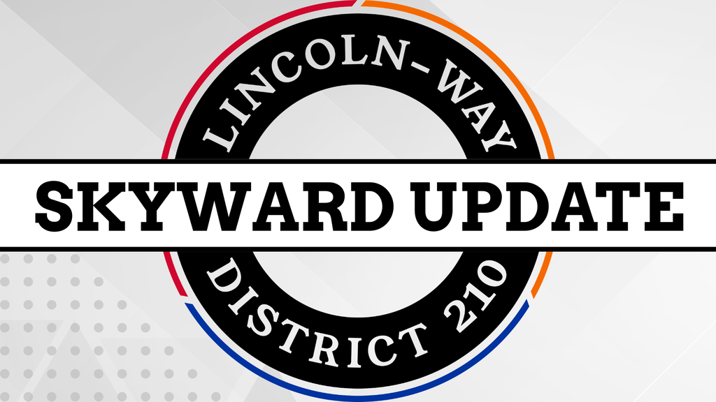 Logo for "Lincoln-Way Skyward Update District 210" with circular design, white text on black background.
