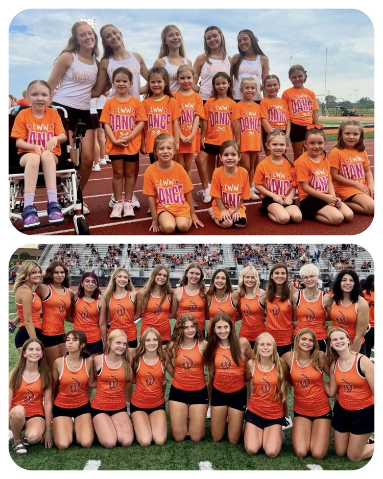 one photo of dance members with youth campers and one photo of cross county team