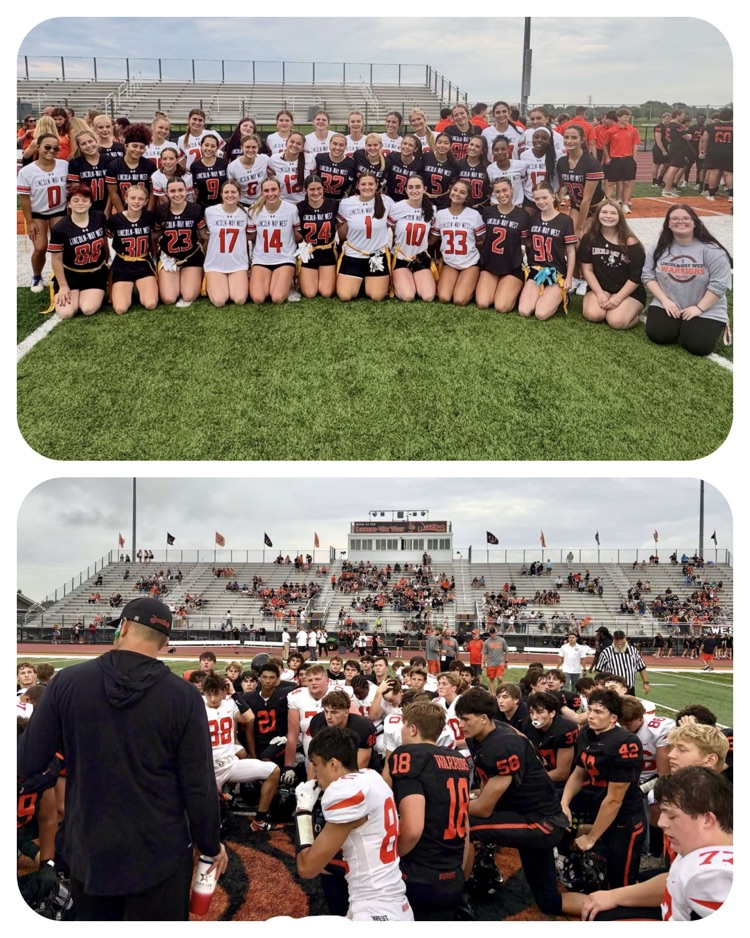 flag football team and football team huddled on the field