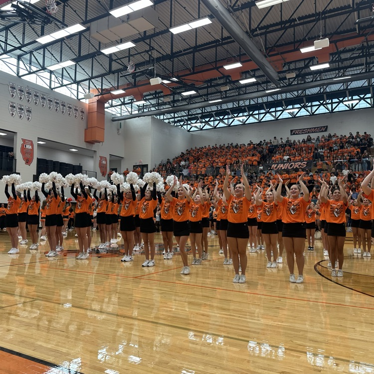 cheer and dance in the middle of the court during the assembly