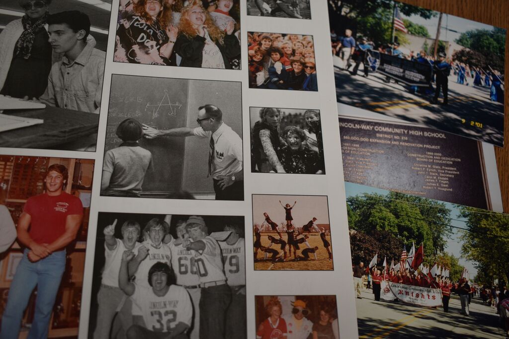 Multiple photographs are displayed on a page. Images include people in a classroom, a marching band, and a sports team.