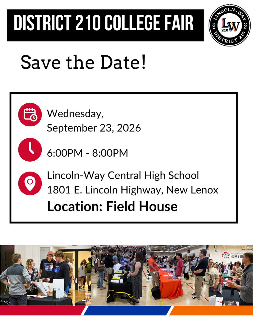 An event poster for District 210 College Fair, including date, time, location, and an image of people at a college fair.