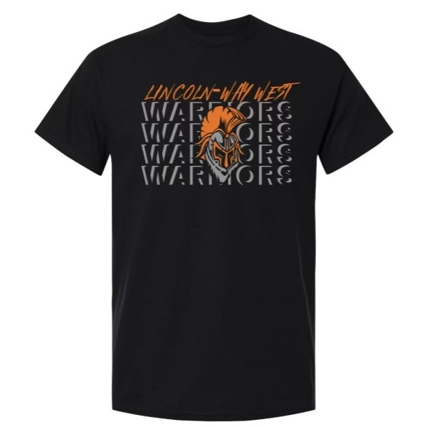 black Lincoln-Way West shirt that says WARRIORS in grey with a Warrior head in the middle of it