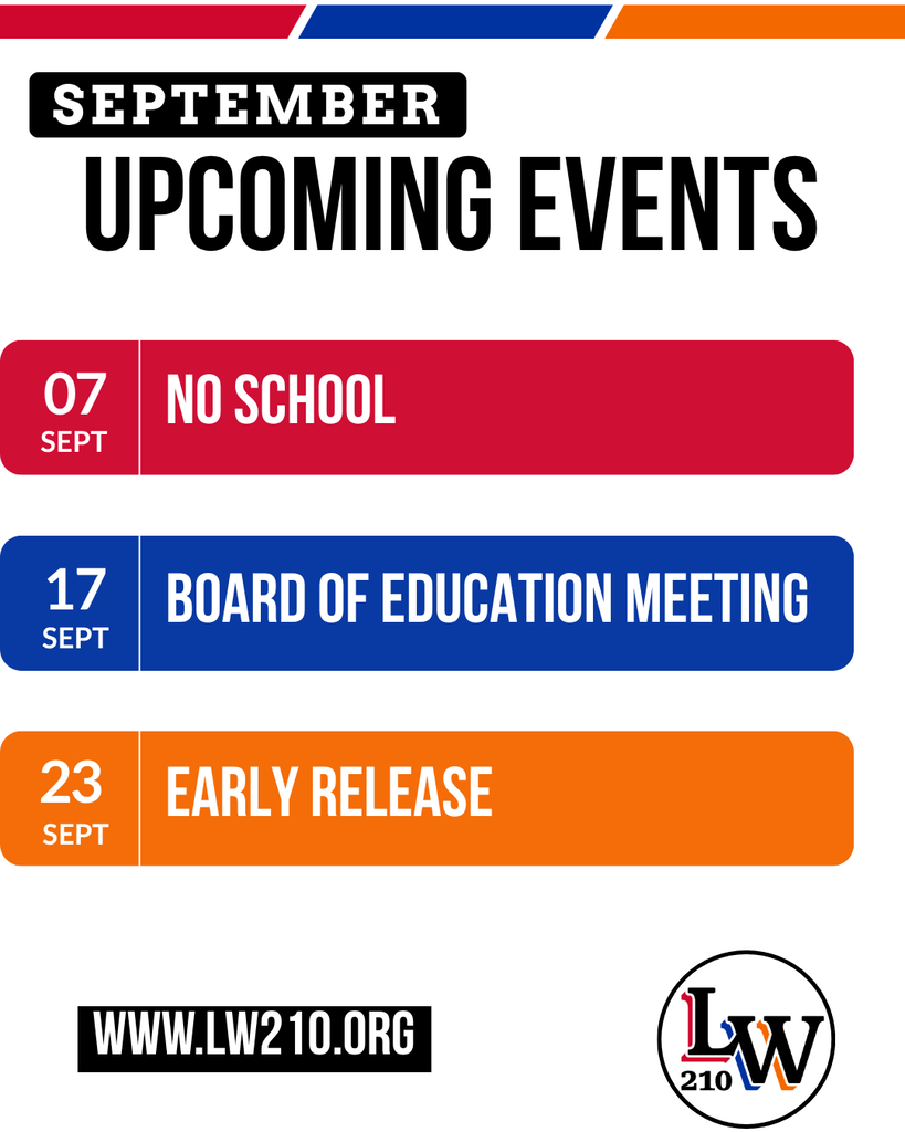 Calendar showing upcoming events for September, including no school on the 7th, a board of education meeting on the 17th, and early release on the 23rd.