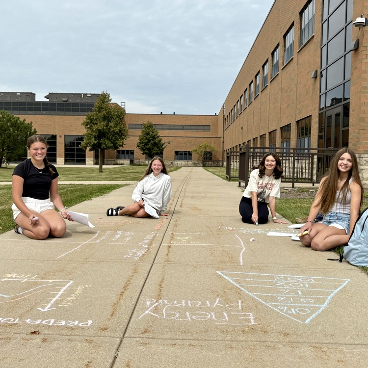 students outside making notes with sidewalk chalk