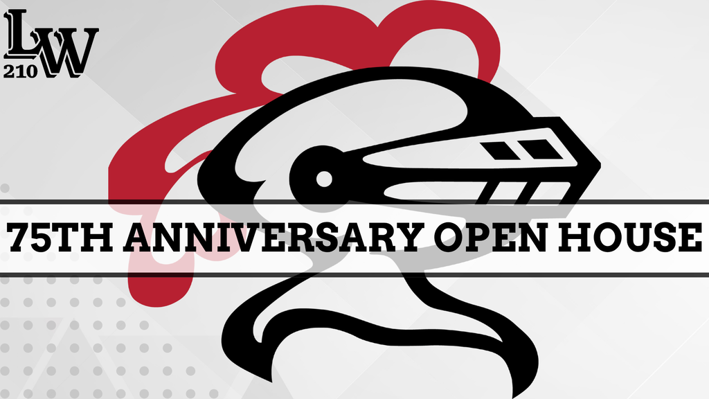 An emblem shows a stylized bird with a helmet. The words "75TH ANNIVERSARY OPEN HOUSE" are below.