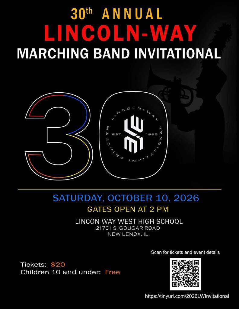 Dark background displays an event poster. Text reads: "30th Annual Lincoln-Way Marching Band Invitational." It shows the date, time, and location. A silhouette of a trumpet player is present.
