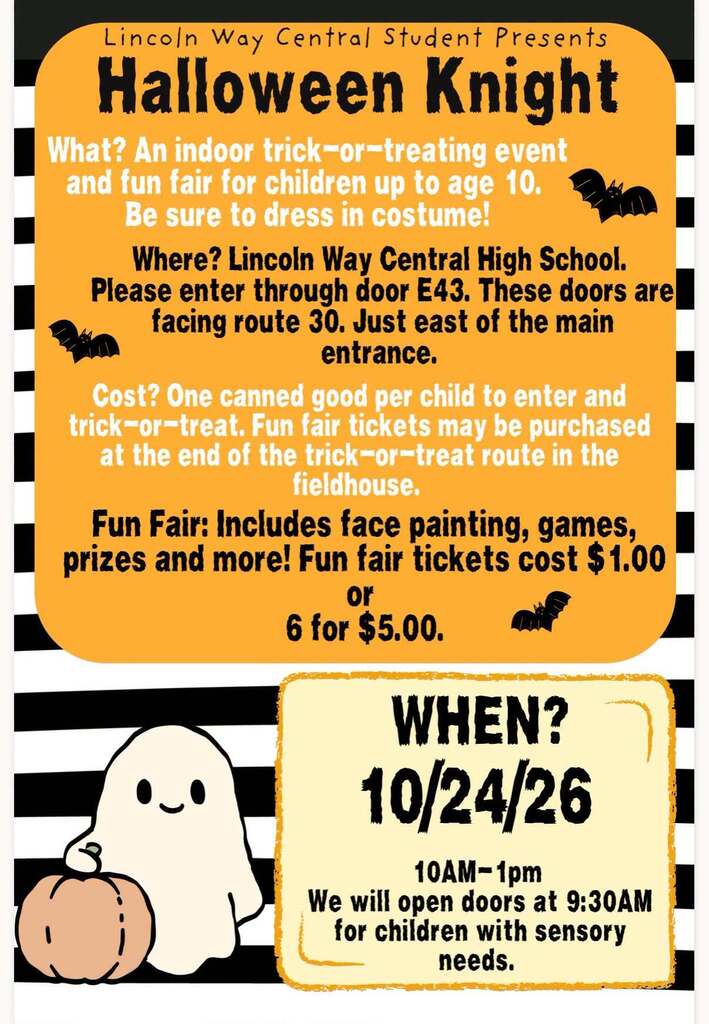 Poster for Halloween Knight event at Lincoln Way Central High School. It is for children aged 1-10. Doors open at 10AM.