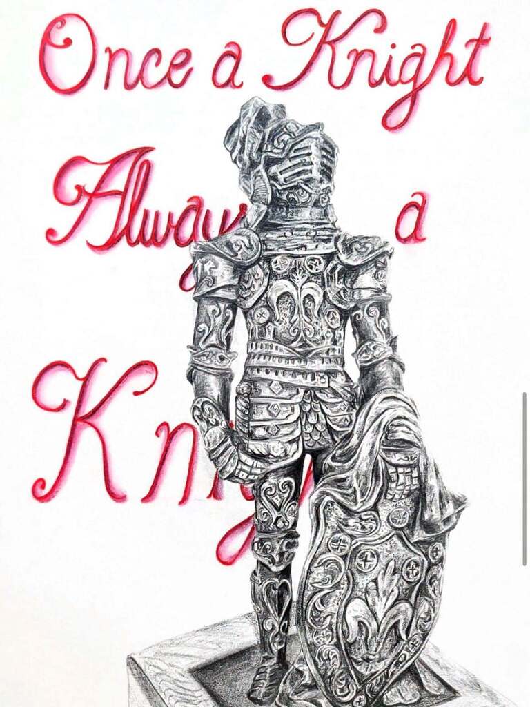 Drawing of a knight in armor with intricate designs, holding a shield, set against a white background with text above and below.