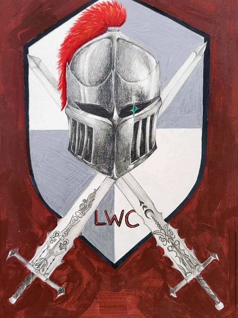 Drawing of a shield with two swords and a knight's helmet on a red background. "LWC" is written in bold letters.
