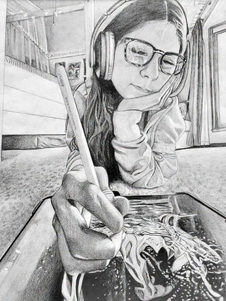A monochromatic drawing of a woman wearing headphones and glasses, holding a pencil and drawing in a sink.
