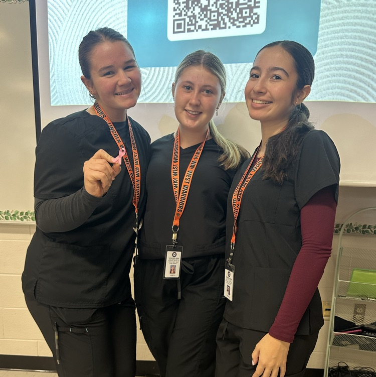 students holding up a breast cancer awareness pin