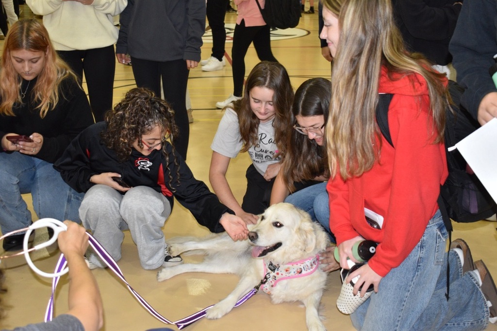 Students gathered around a dog, petting her on a gym floor.