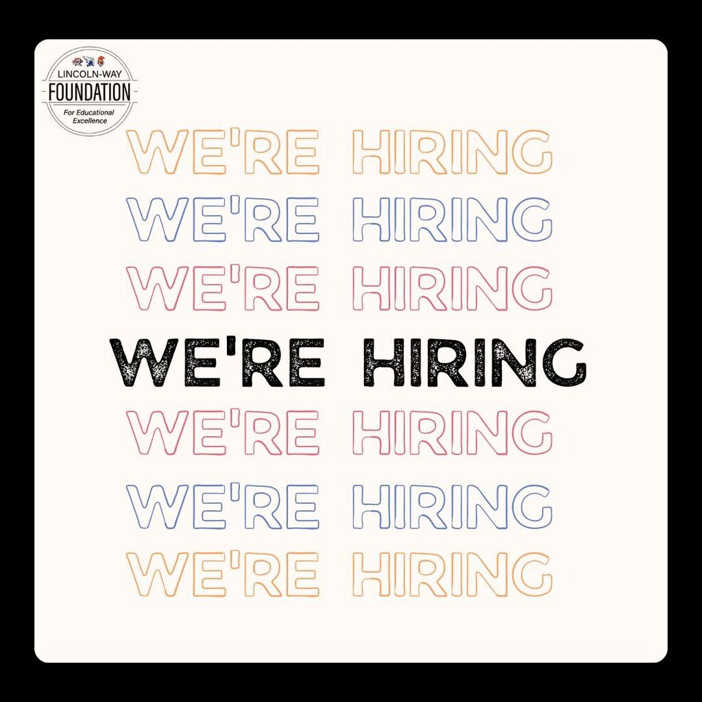 Repeated text "We're Hiring" in various colors on a white background, including an oval logo in the top left.