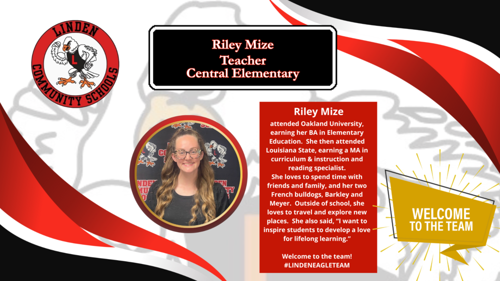 welcome riley mize as a new teacher at central elementary, image of woman in glasses smiling