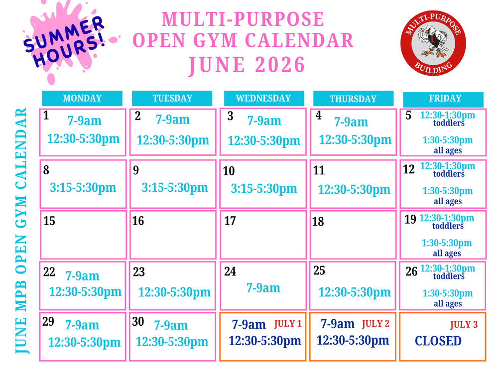 June Open Gym Calendar