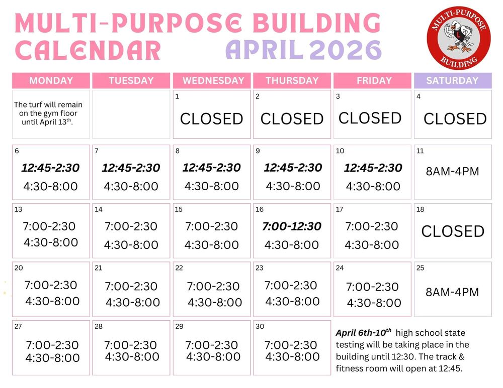 Mutli-Purpose Building Calendar April 2026