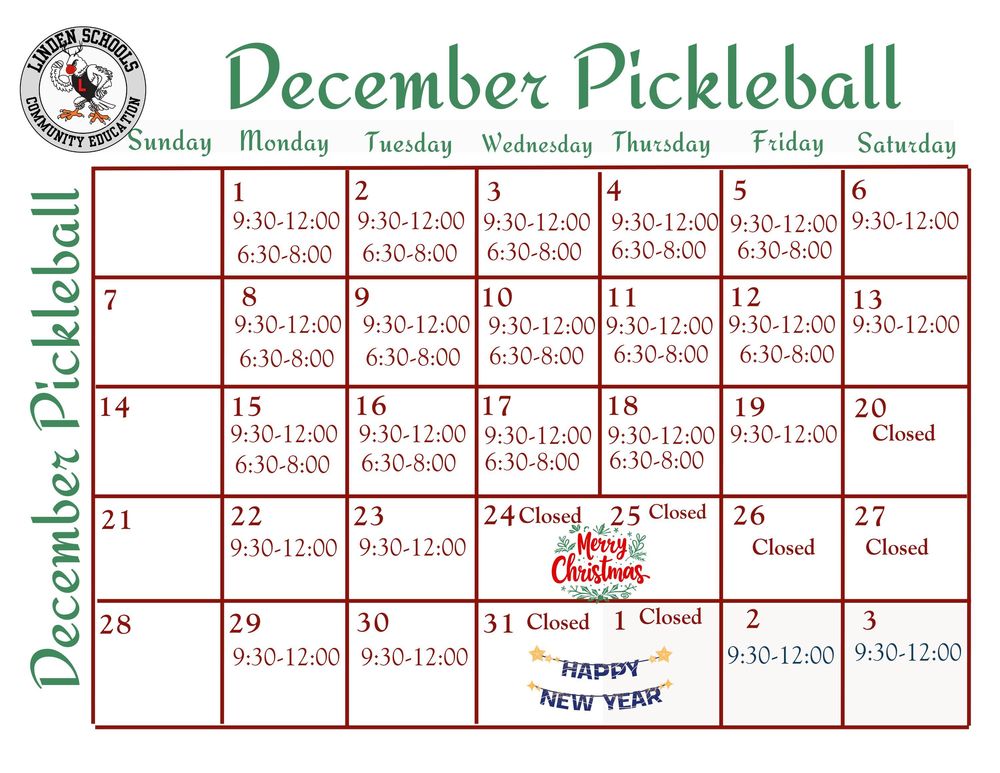 December Pickleball Hours, please call 810-591-0281 for more information