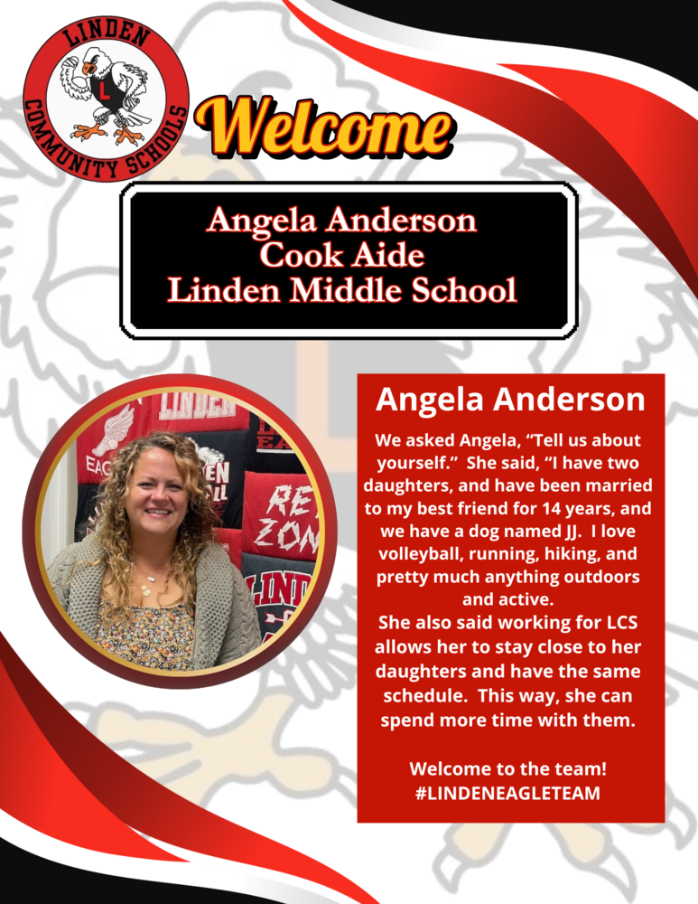 New Staff welcome angela anderson cook aide linden middle school with image of woman smiling