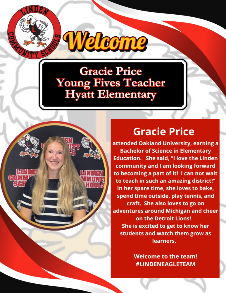 Welcome Gracie Price young fives teacher to Hyatt elementary!  Image of girl smiling