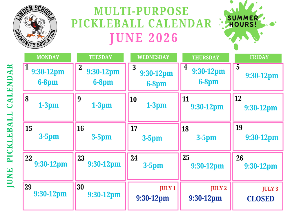 June Pickleball Calendar