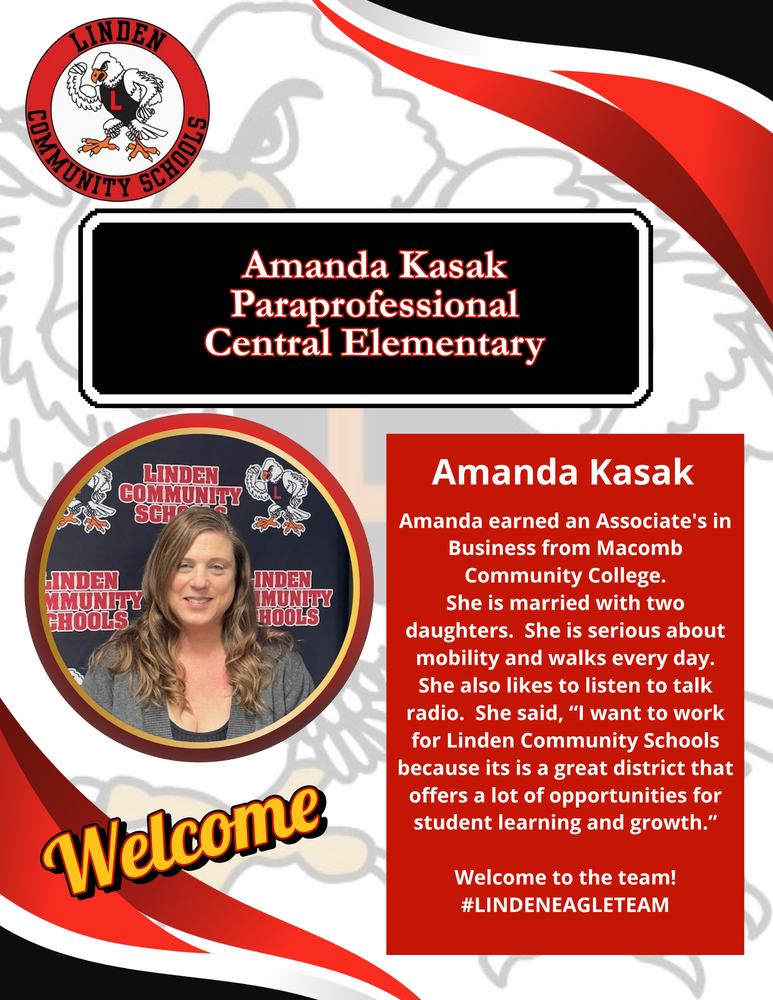 Welcome Amanda Kasak Paraprofessional to Central Elementary - image of a woman smiling