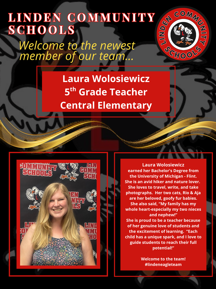 welcome laura wolosiewicz a 5th grade teacher to Central Elementary.   image of woman smiling