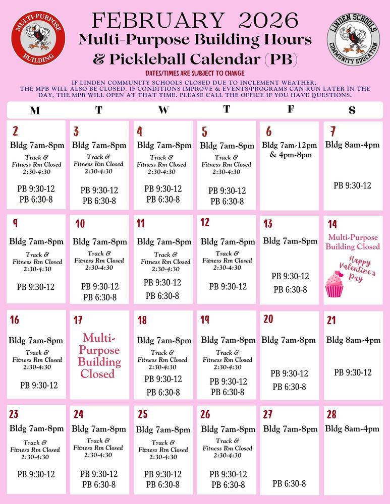Please refer to the February MPB hours and Pickleball Calendar. Calendar and hours are subject to change based on circumstances such as inclement weather/District events.