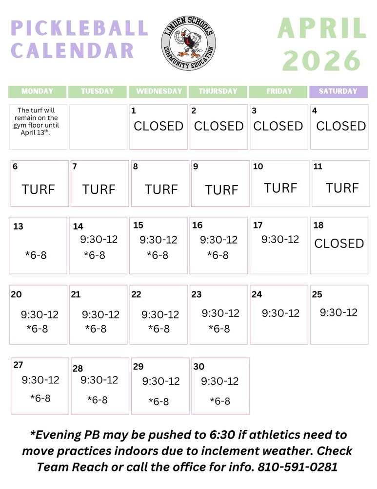 LCE Pickleball Calendar April 2026