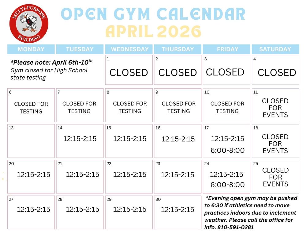 Calendar for open gym schedule for April 2026