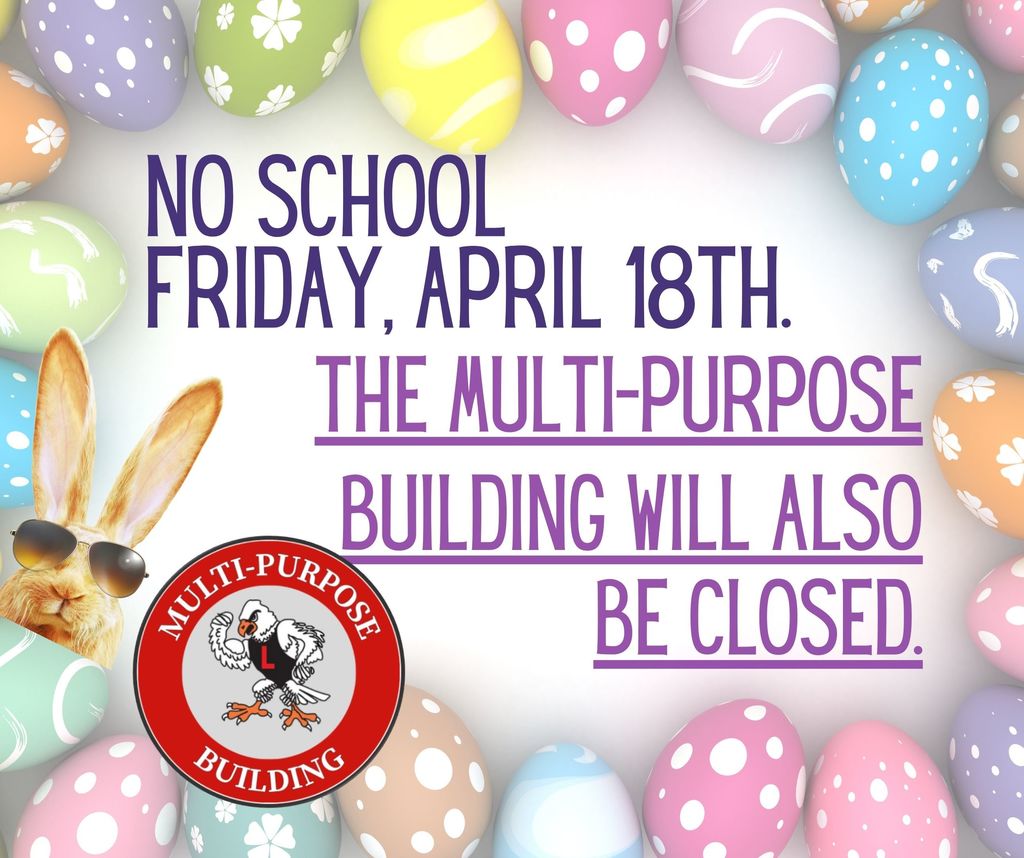 decorated egg background, text reads 4/18 MPB and no school