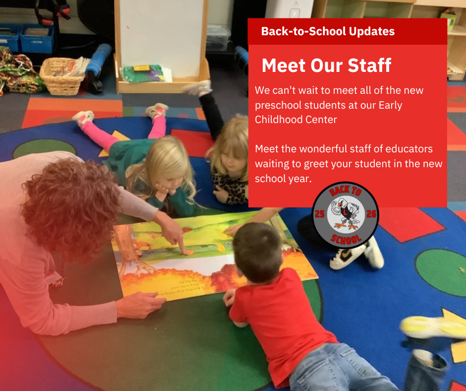 Teacher on a rug surrounded by preschool students looking at a big book with the words Meet our staff