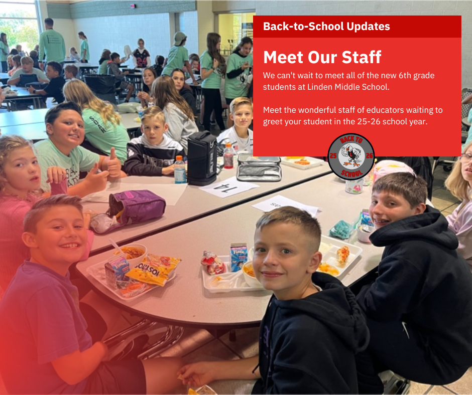 Students eating lunch at a round cafeteria table with the words meet our staff
