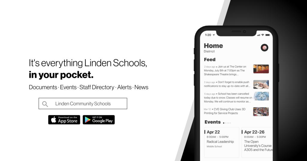 Mobile phone with school app open with the words It's everything Linden Schools in your pocket