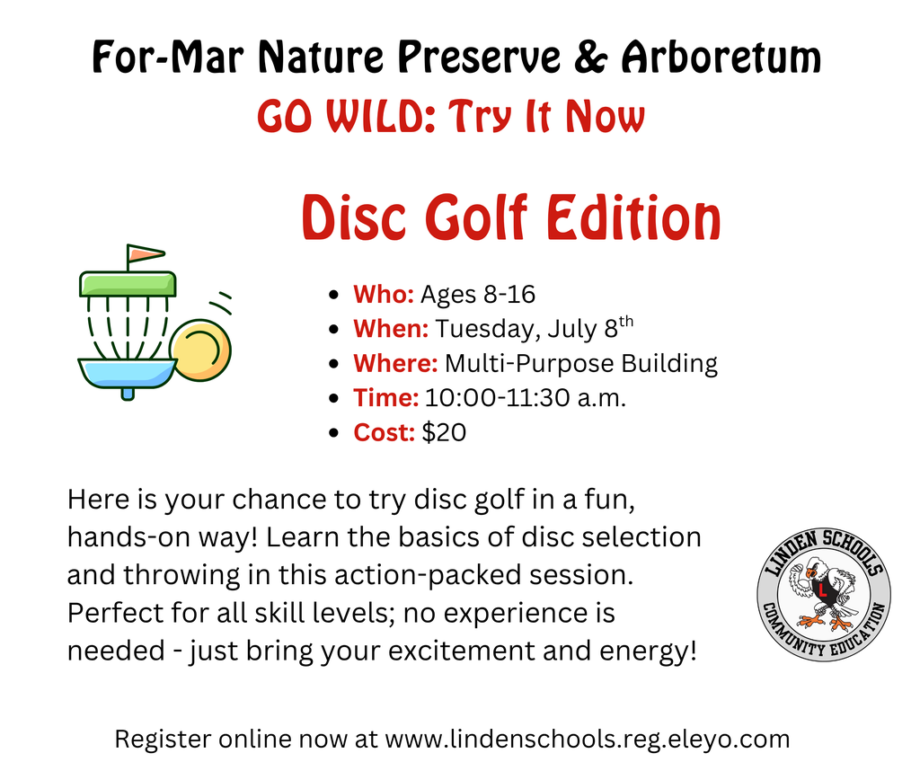 white background with black and red text detailing the upcoming disc golf class on July 8th