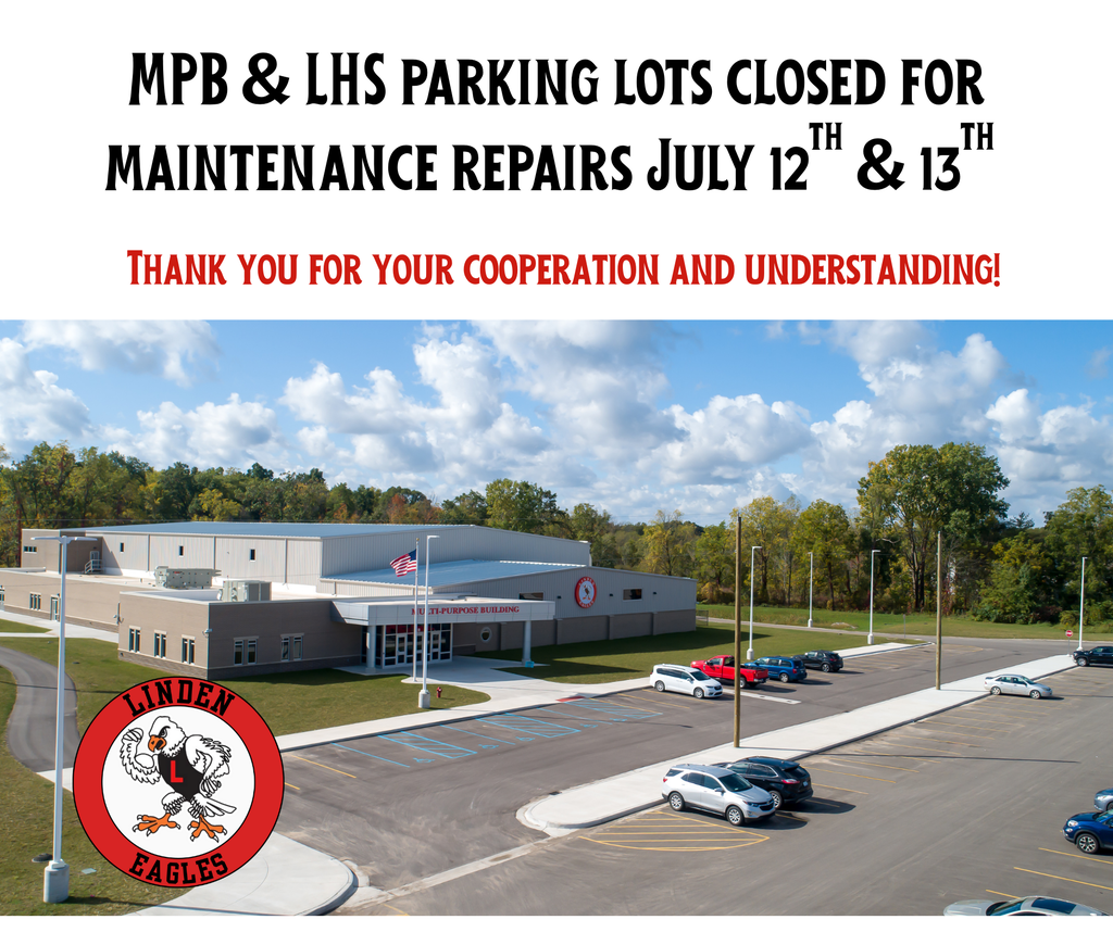 white background with black and red text saying that the MPB and LHS parking lots are closed this weekend with a picture of the MPB parking lot