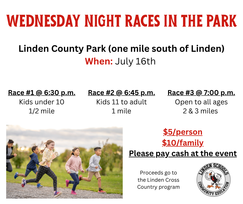 white background with red and black text detailing races in the park today starting at 6:30