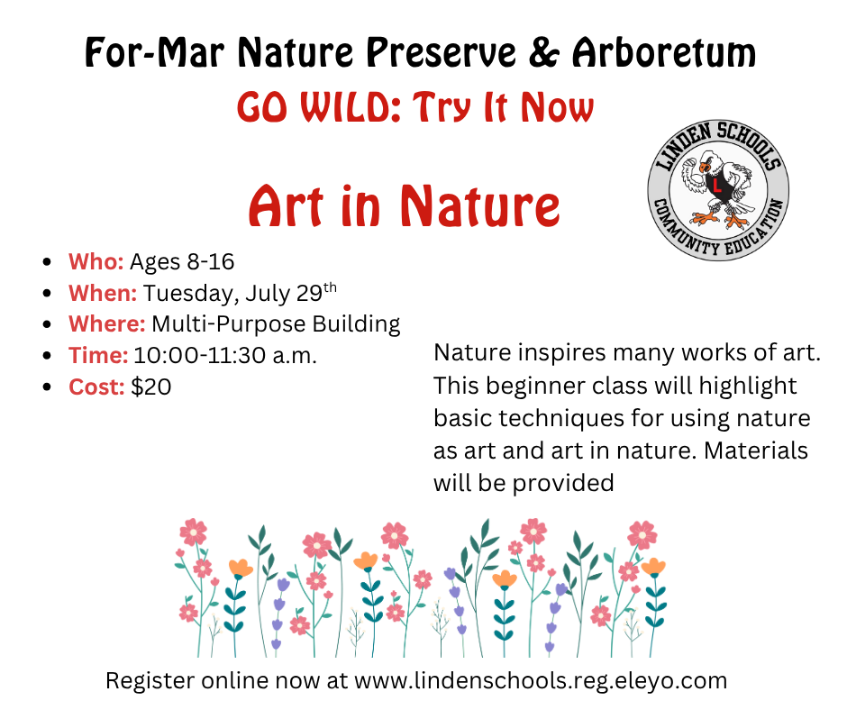 white background with black and red text detailing the upcoming art in nature class on July 29th