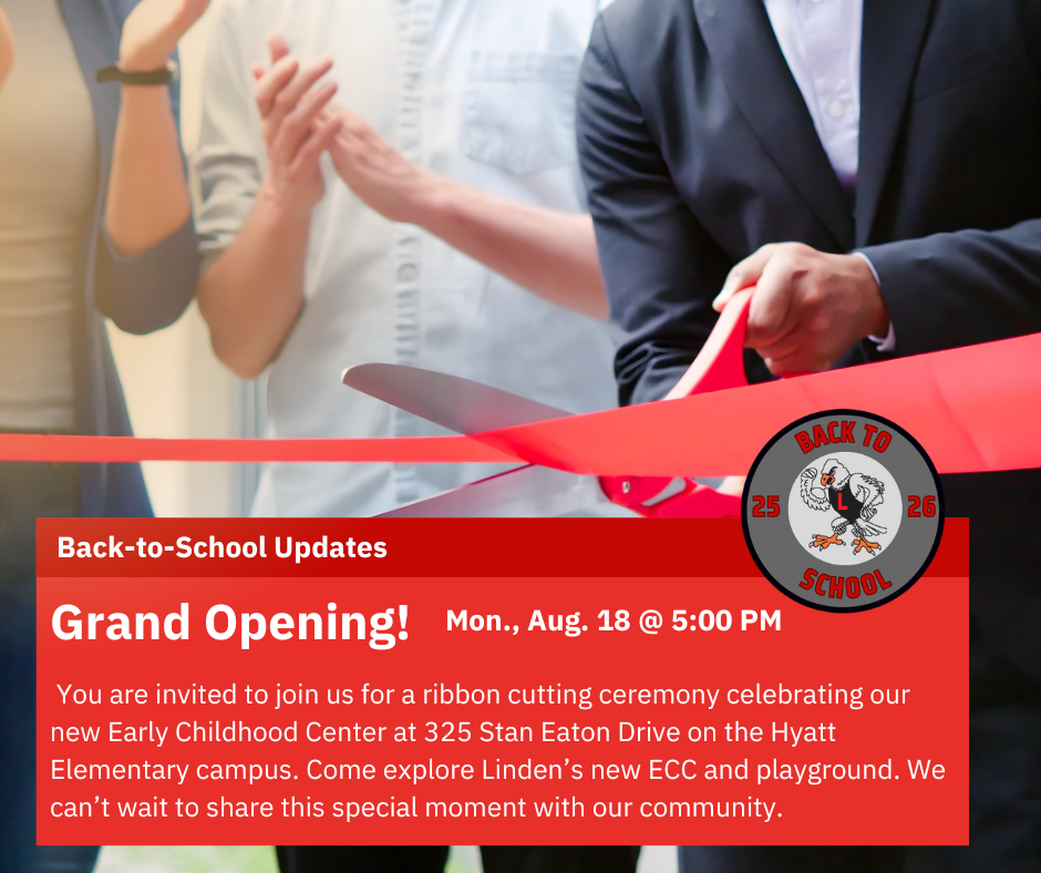 Giant scissors cutting a ribbon with the text Grand Open & Ribbon Cutting Ceremony for new Early childhood center - Monday, August 18th 5:00-6:00 PM