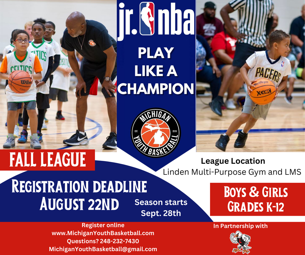red, blue, white and black shapes and text detailing the registration deadline for jr nba 